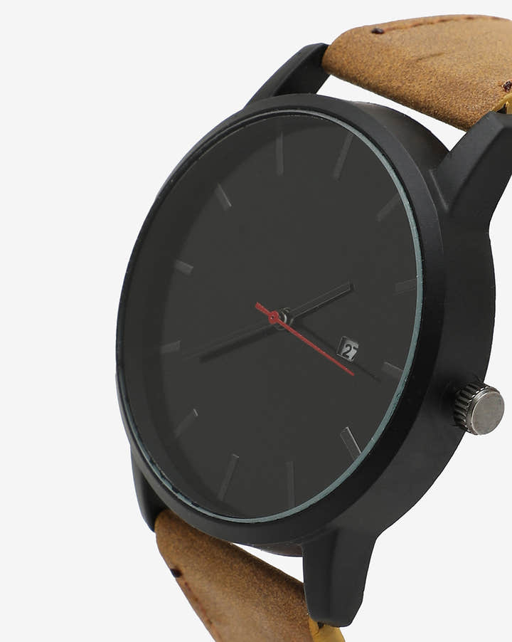 Black Analog Round Dial With Brown Suede Strap
