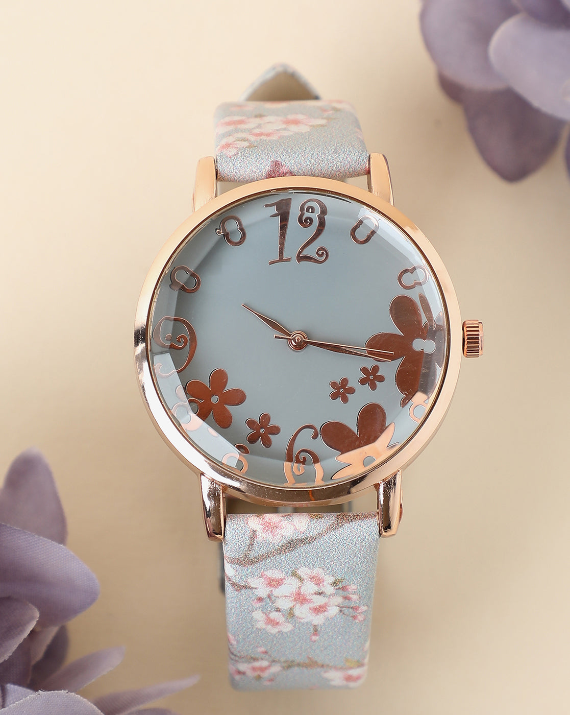 Grey & Champagne Gold Decorative Analog Round Dial With Floral Printed Leather Strap