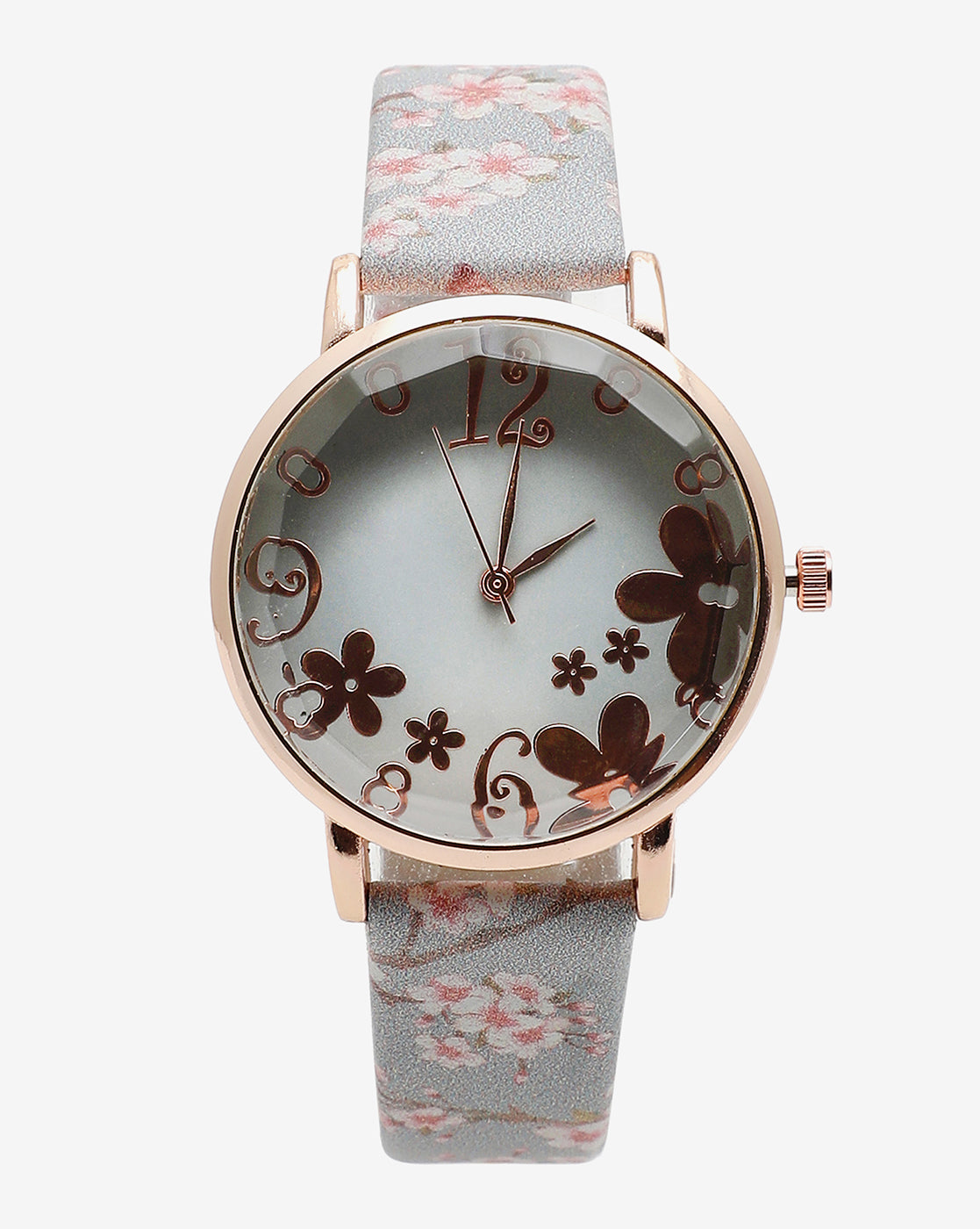 Grey & Champagne Gold Decorative Analog Round Dial With Floral Printed Leather Strap