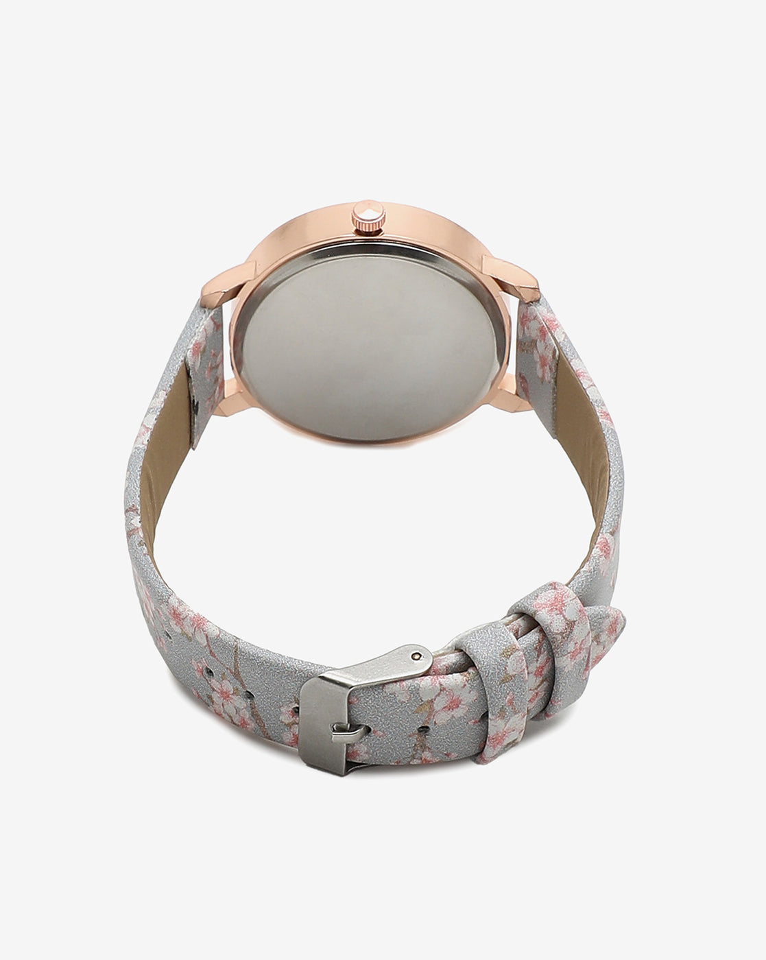 Grey & Champagne Gold Decorative Analog Round Dial With Floral Printed Leather Strap
