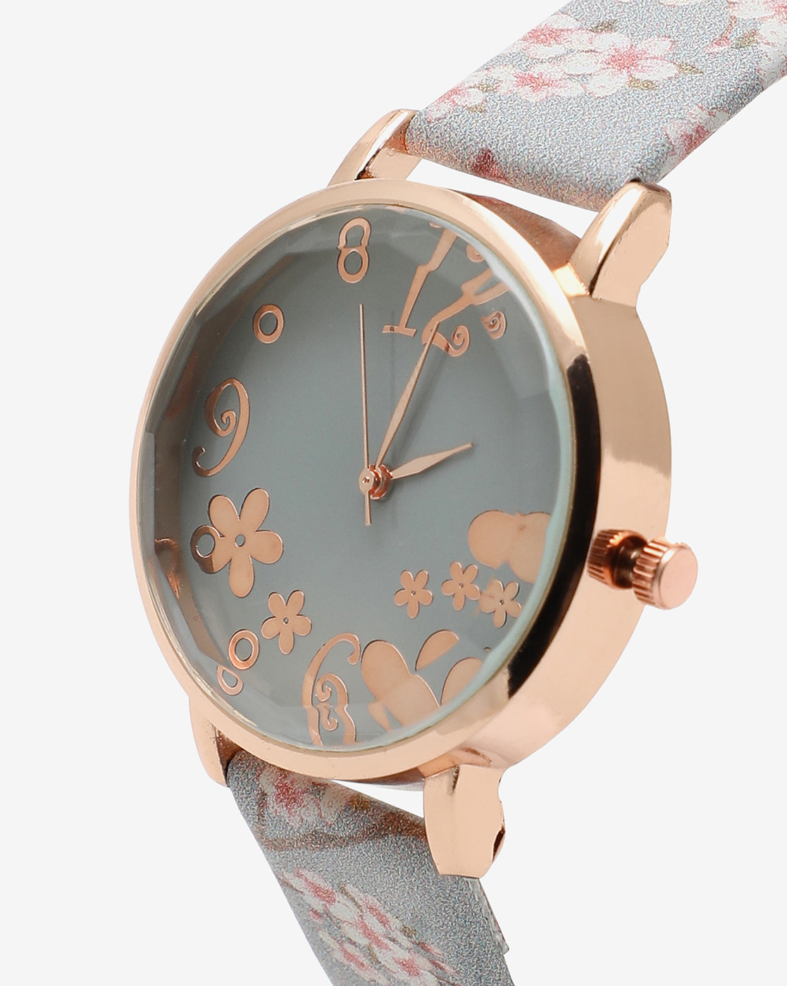 Grey & Champagne Gold Decorative Analog Round Dial With Floral Printed Leather Strap