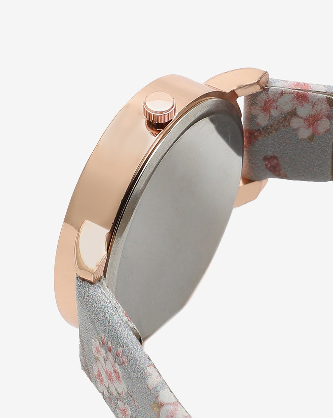 GREY AND CHAMPAGNE GOLD DECORATIVE ANALOG ROUND DIAL WITH FLORAL PRINTED LEATHER STRAP
