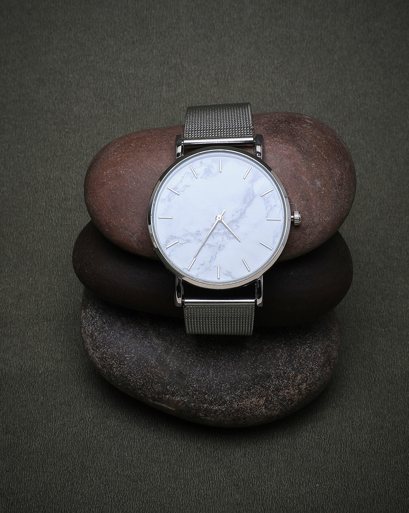 Sleek White Marble Analog Round Dial With Space Grey Metal Mesh Strap