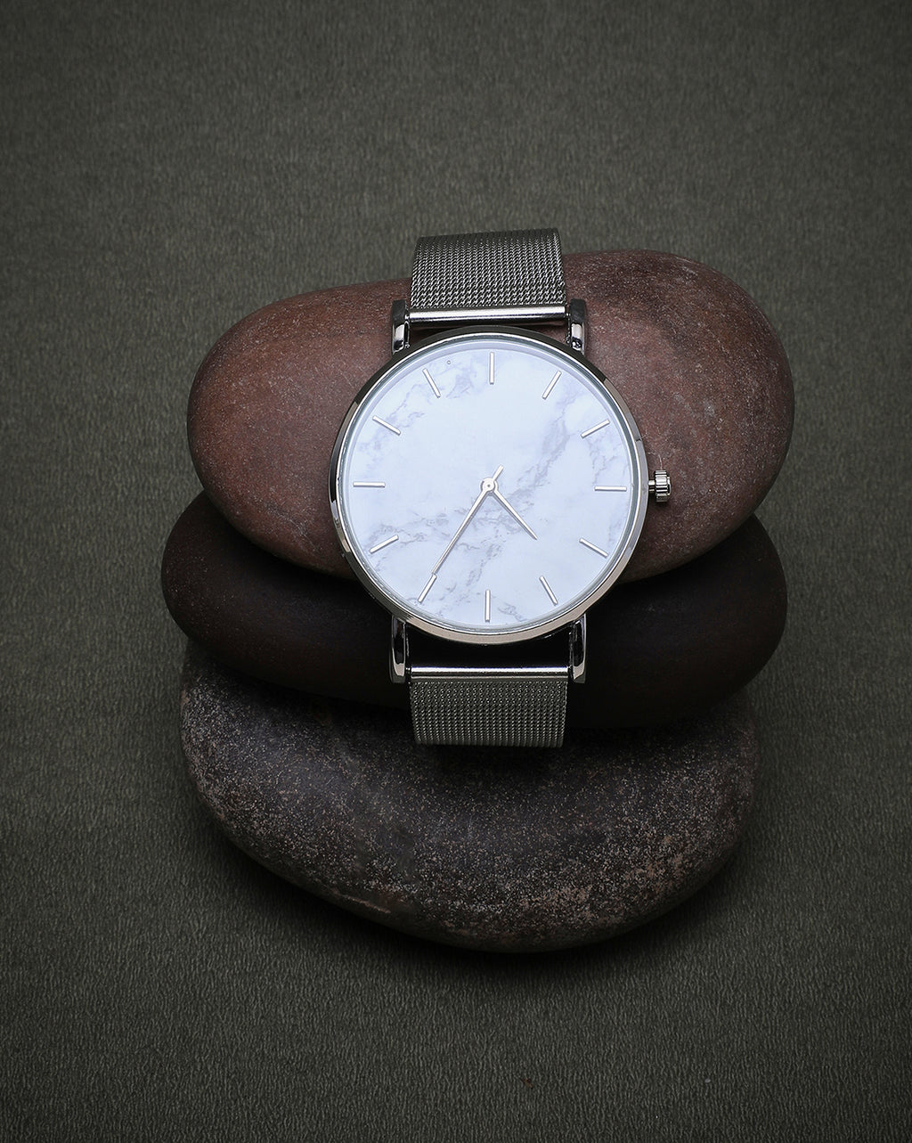 Sleek White Marble Analog Round Dial With Space Grey Metal Mesh Strap