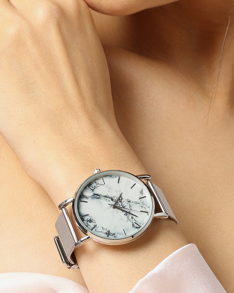 Sleek White Marble Analog Round Dial With Space Grey Metal Mesh Strap