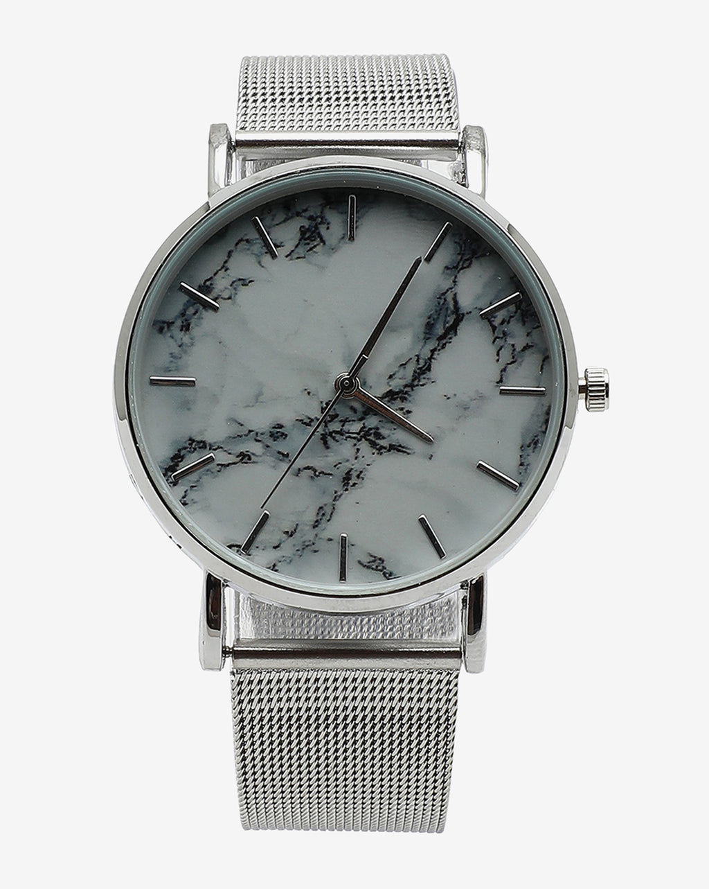 Sleek White Marble Analog Round Dial With Space Grey Metal Mesh Strap