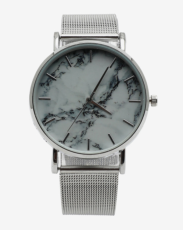 Sleek White Marble Analog Round Dial With Space Grey Metal Mesh Strap