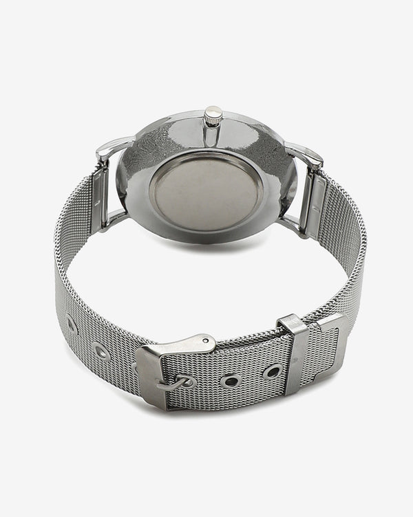 Sleek White Marble Analog Round Dial With Space Grey Metal Mesh Strap