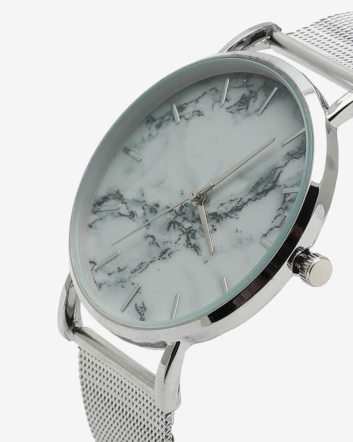 Sleek White Marble Analog Round Dial With Space Grey Metal Mesh Strap