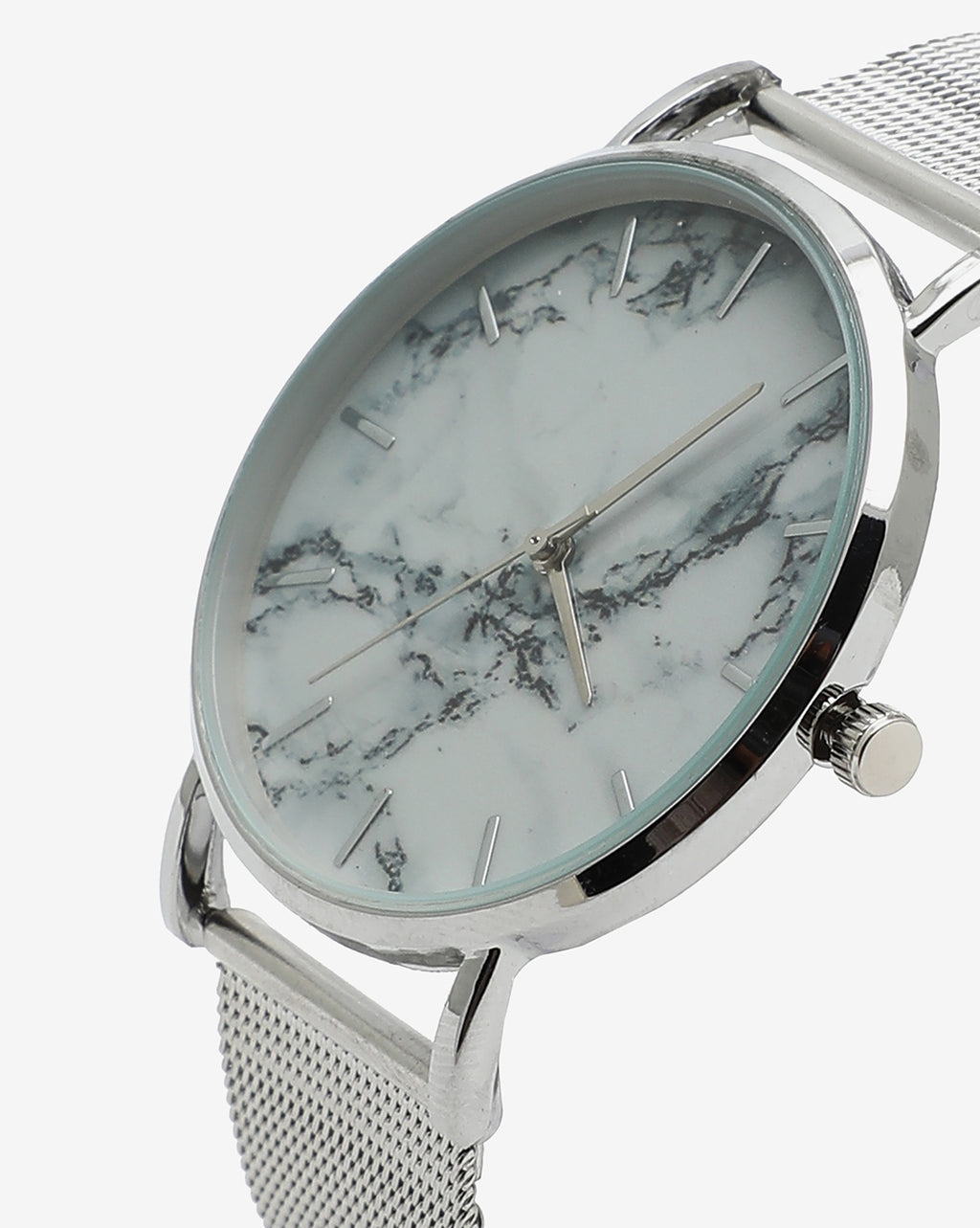 Sleek White Marble Analog Round Dial With Space Grey Metal Mesh Strap
