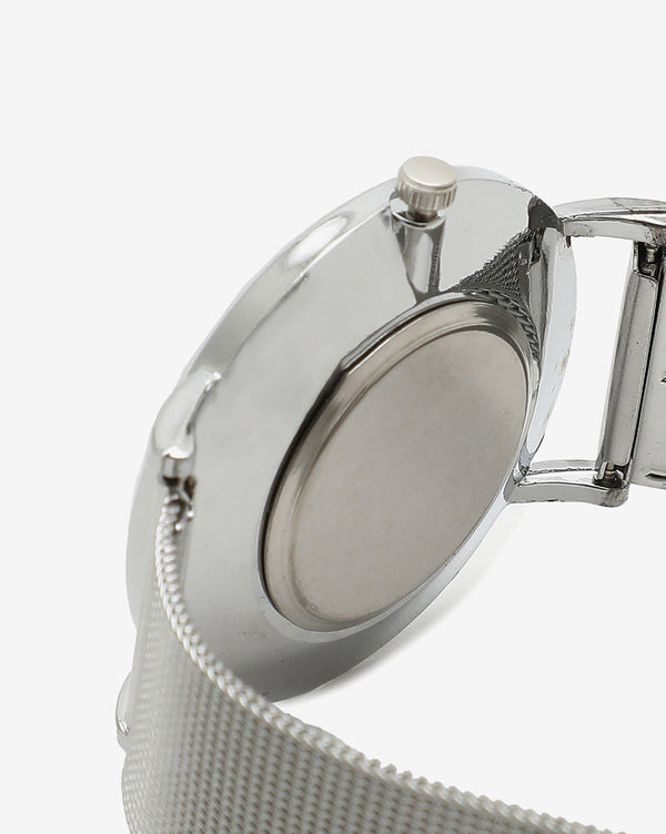 SLEEK WHITE MARBLE ANALOG ROUND DIAL WITH SPACE GREY METAL MESH STRAP