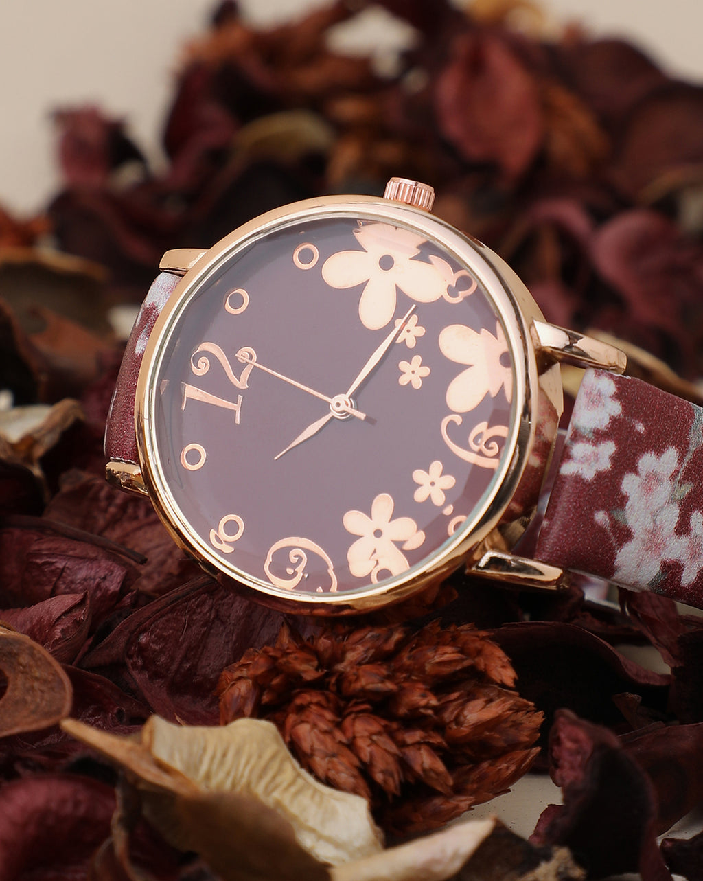 Maroon & Champagne Gold Decorative Analog Round Dial With Brown Floral Printed Leather Strap