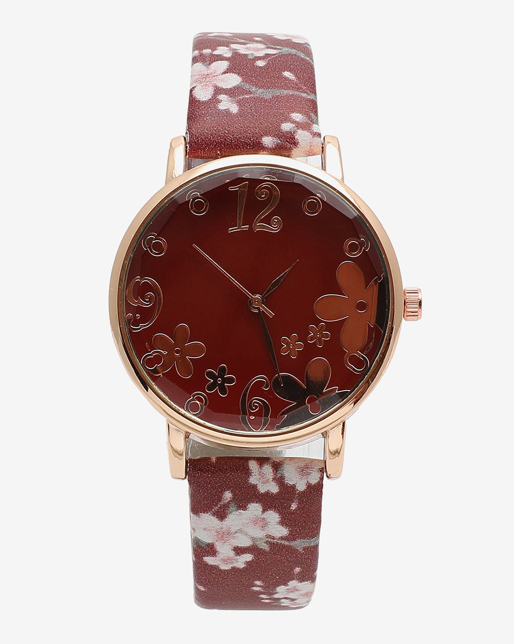 Maroon & Champagne Gold Decorative Analog Round Dial With Brown Floral Printed Leather Strap