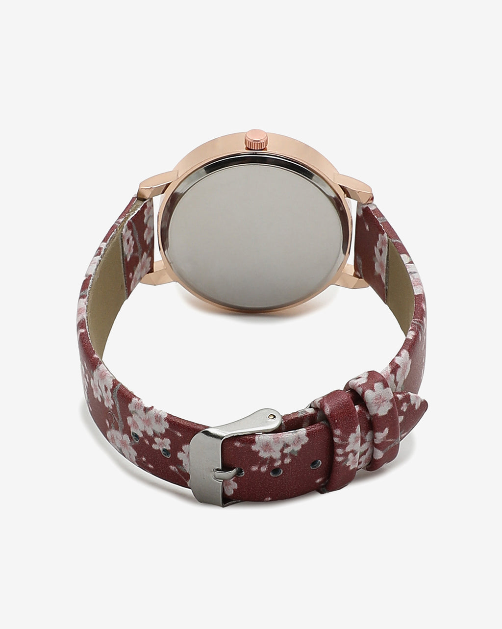 Maroon & Champagne Gold Decorative Analog Round Dial With Brown Floral Printed Leather Strap