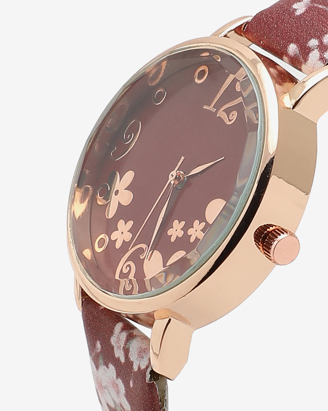 Maroon & Champagne Gold Decorative Analog Round Dial With Brown Floral Printed Leather Strap