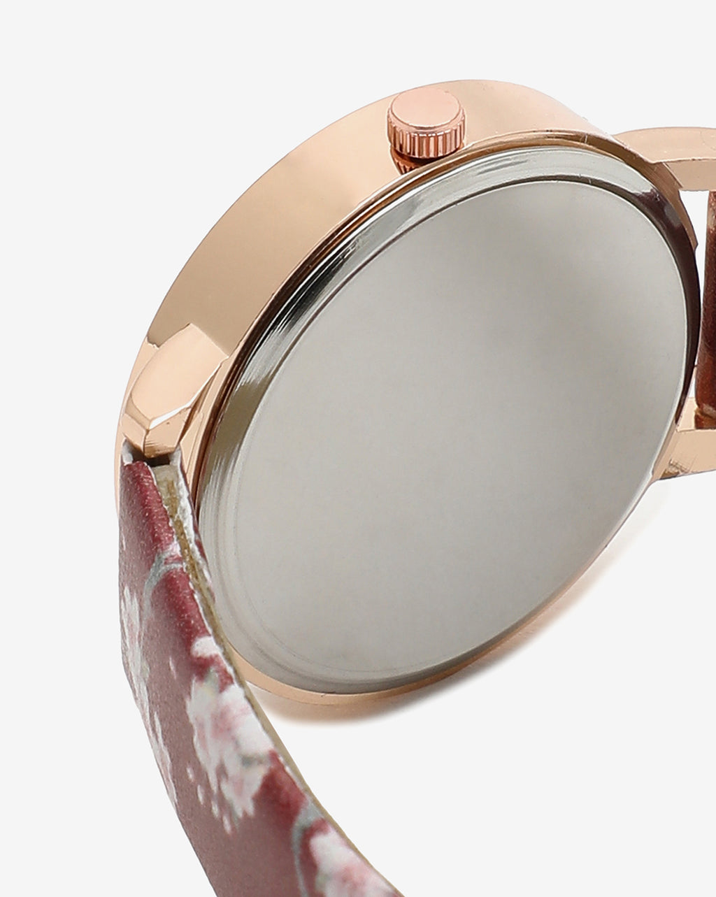 MAROON AND CHAMPAGNE GOLD DECORATIVE ANALOG ROUND DIAL WITH BROWN FLORAL PRINTED LEATHER STRAP