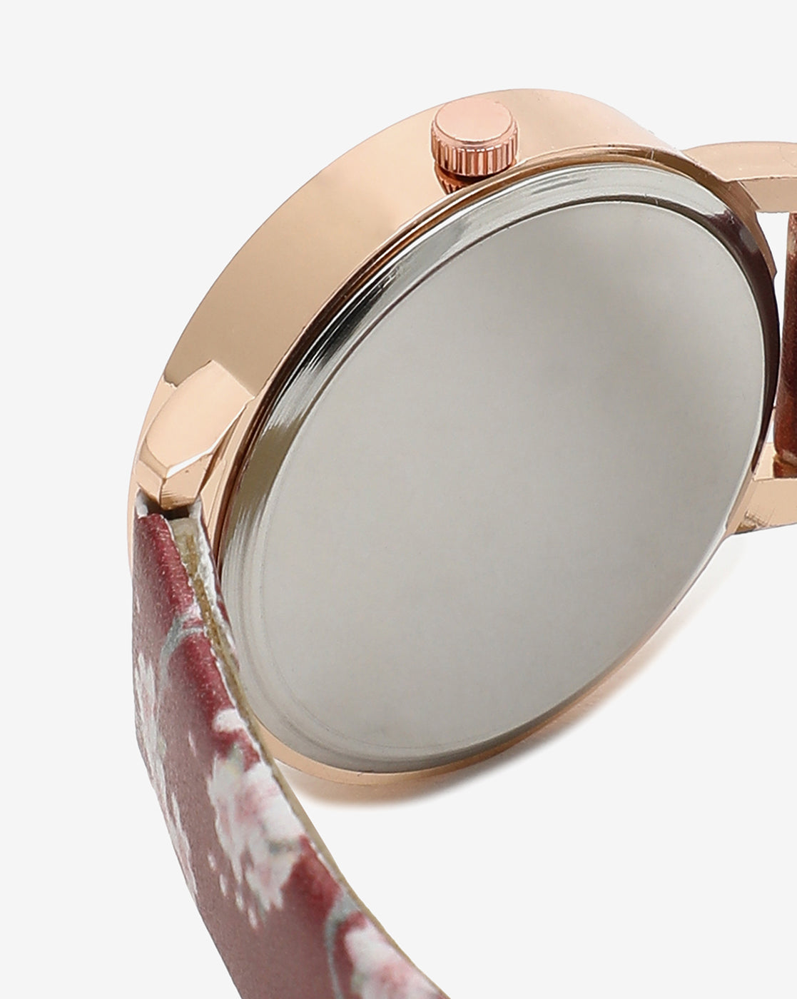 MAROON AND CHAMPAGNE GOLD DECORATIVE ANALOG ROUND DIAL WITH BROWN FLORAL PRINTED LEATHER STRAP