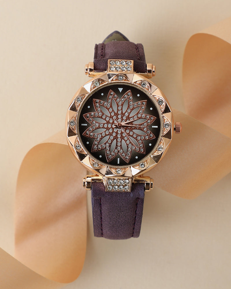 Purple & Gold Crystal Stone Decorative Analog Round Dial With Brown Suede Strap