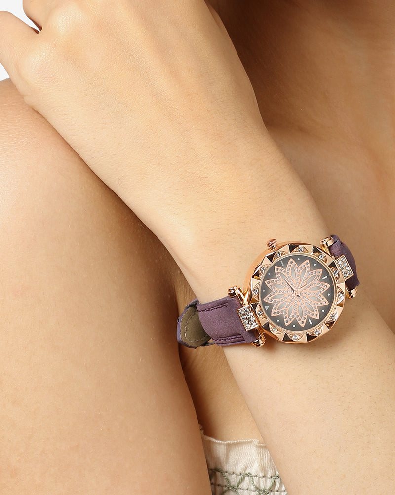 Purple & Gold Crystal Stone Decorative Analog Round Dial With Brown Suede Strap