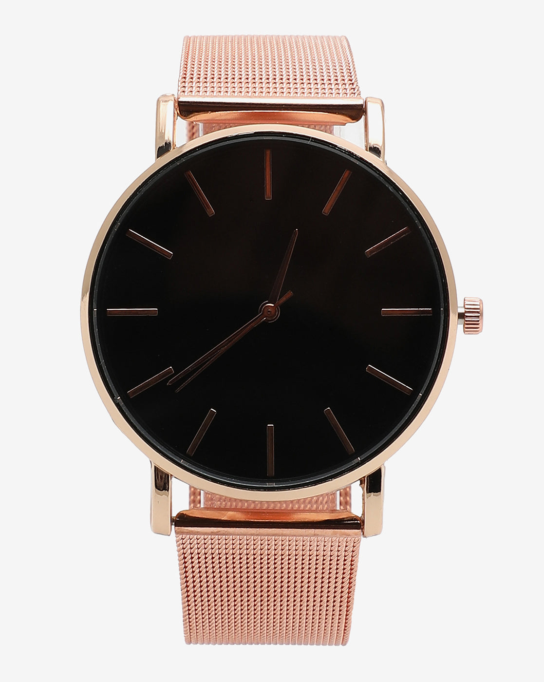 Black Analog Round Dial With Gold Hour Marker & Gold Metal Mesh Strap