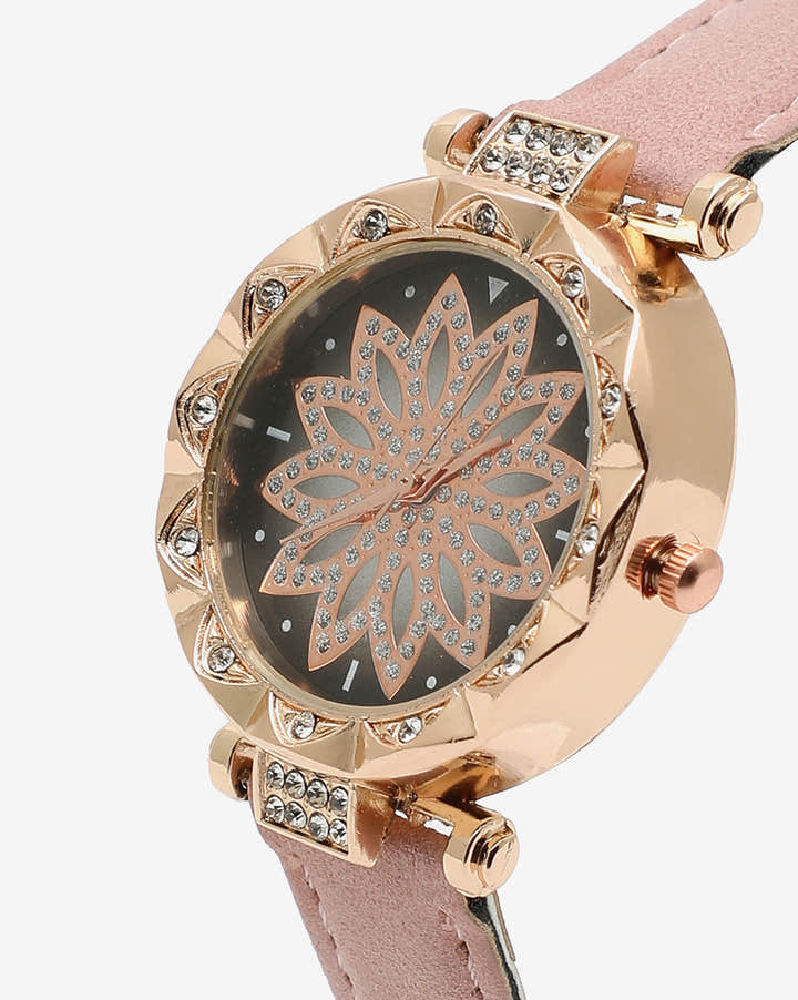 Black & Gold Crystal Stone Decorative Analog Round Dial With Pink Suede Strap