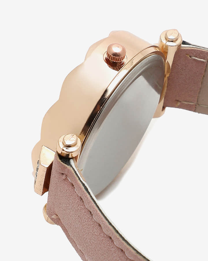 BLACK AND GOLD CRYSTAL STONE DECORATIVE ANALOG ROUND DIAL WITH PINK SUEDE STRAP