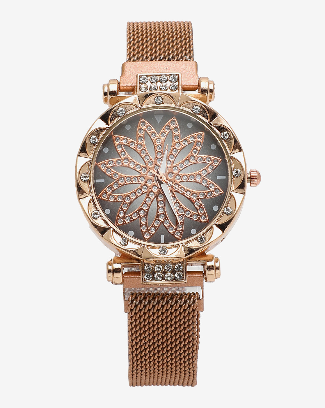 Black & Gold Crystal Stone Decorative Analog Round Dial With Gold Metal Mesh Strap