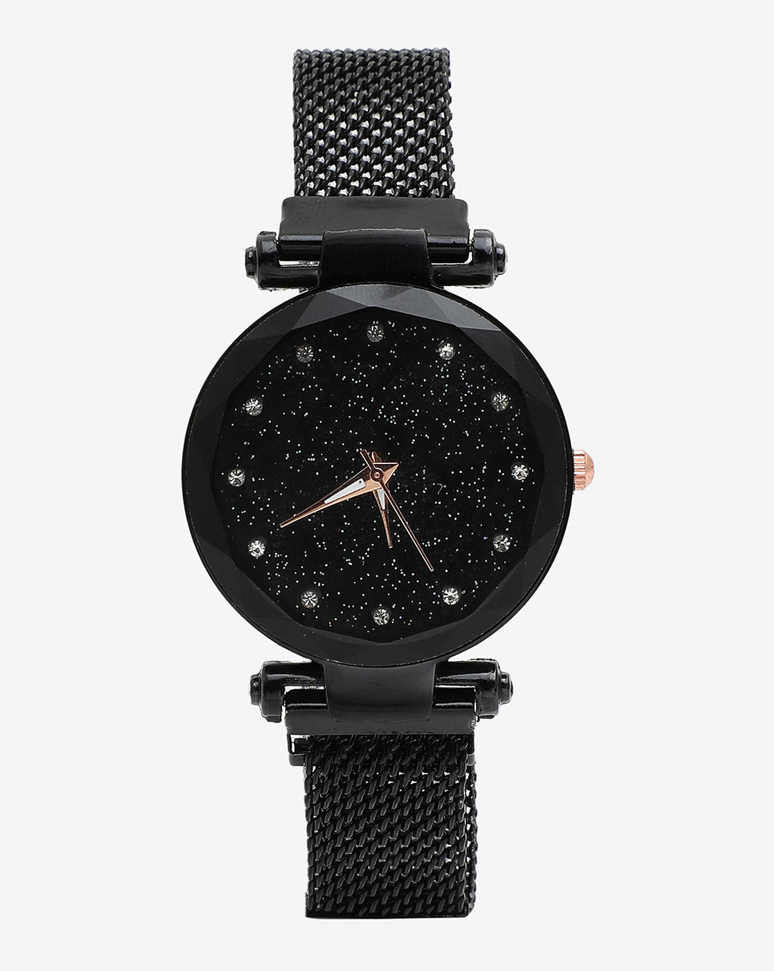 Black Analog Round Dial & Gold Hour Marker With Black Metal Mesh Strap