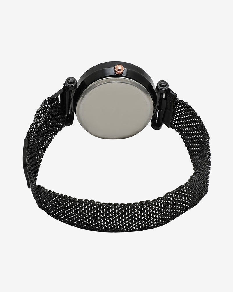 Black Analog Round Dial & Gold Hour Marker With Black Metal Mesh Strap