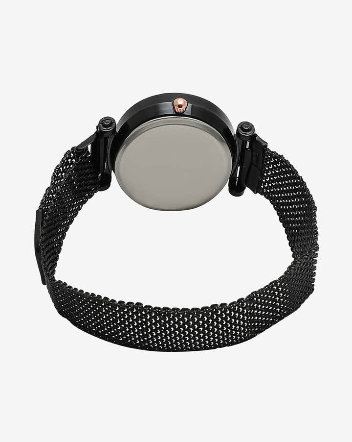Black Analog Round Dial & Gold Hour Marker With Black Metal Mesh Strap