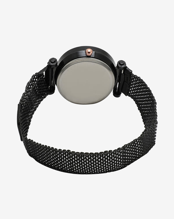 Black Analog Round Dial & Gold Hour Marker With Black Metal Mesh Strap