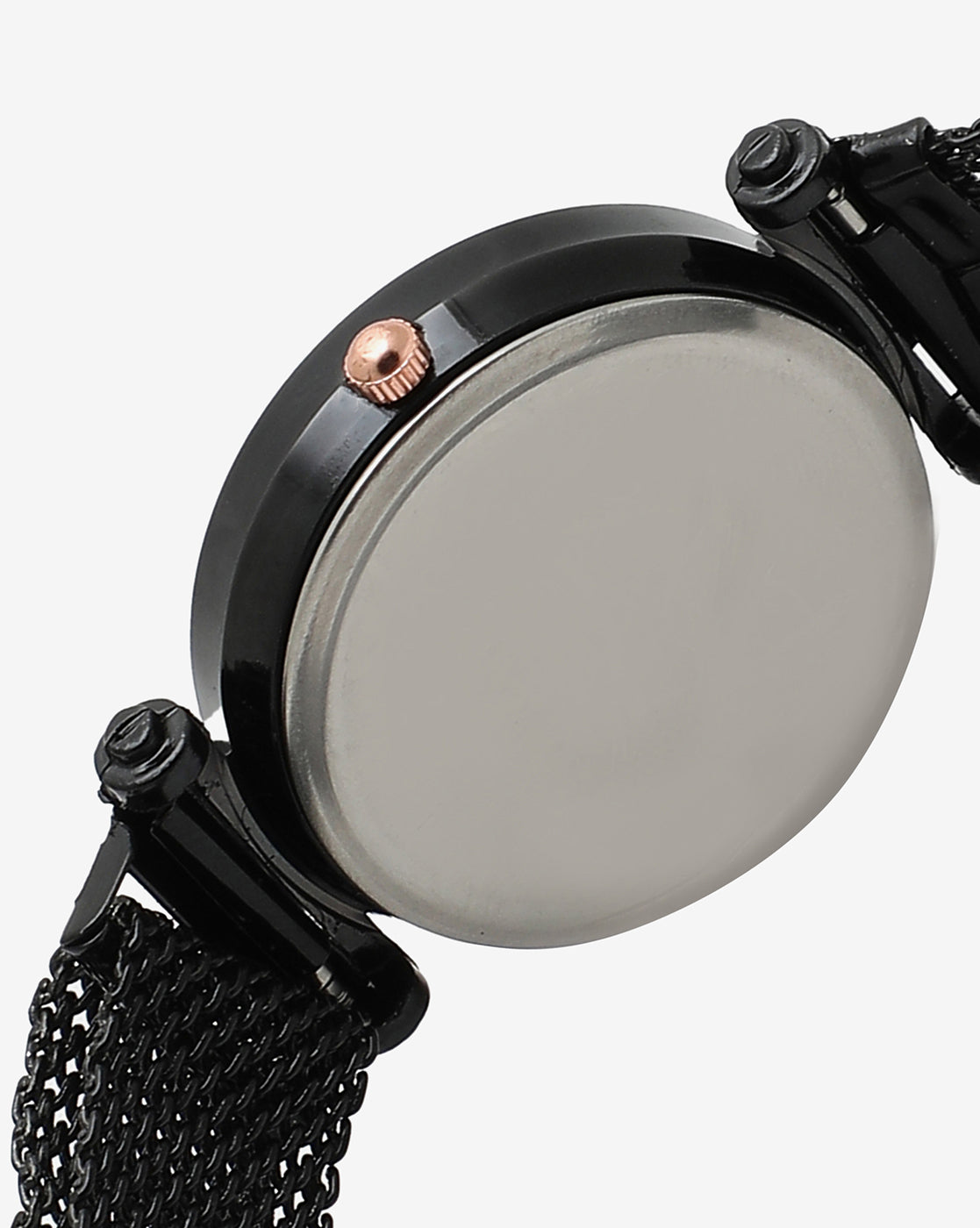 BLACK ANALOG ROUND DIAL AND GOLD HOUR MARKER WITH BLACK METAL MESH STRAP