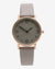 GREY AND GOLD ANALOG ROUND DIAL WITH BLACK HOUR MARKER AND GREY LEATHER STRAP