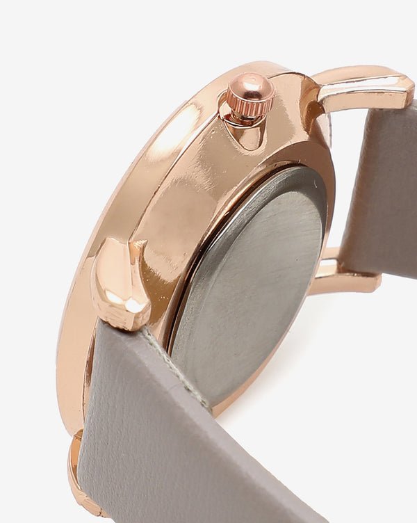 GREY AND GOLD ANALOG ROUND DIAL WITH BLACK HOUR MARKER AND GREY LEATHER STRAP
