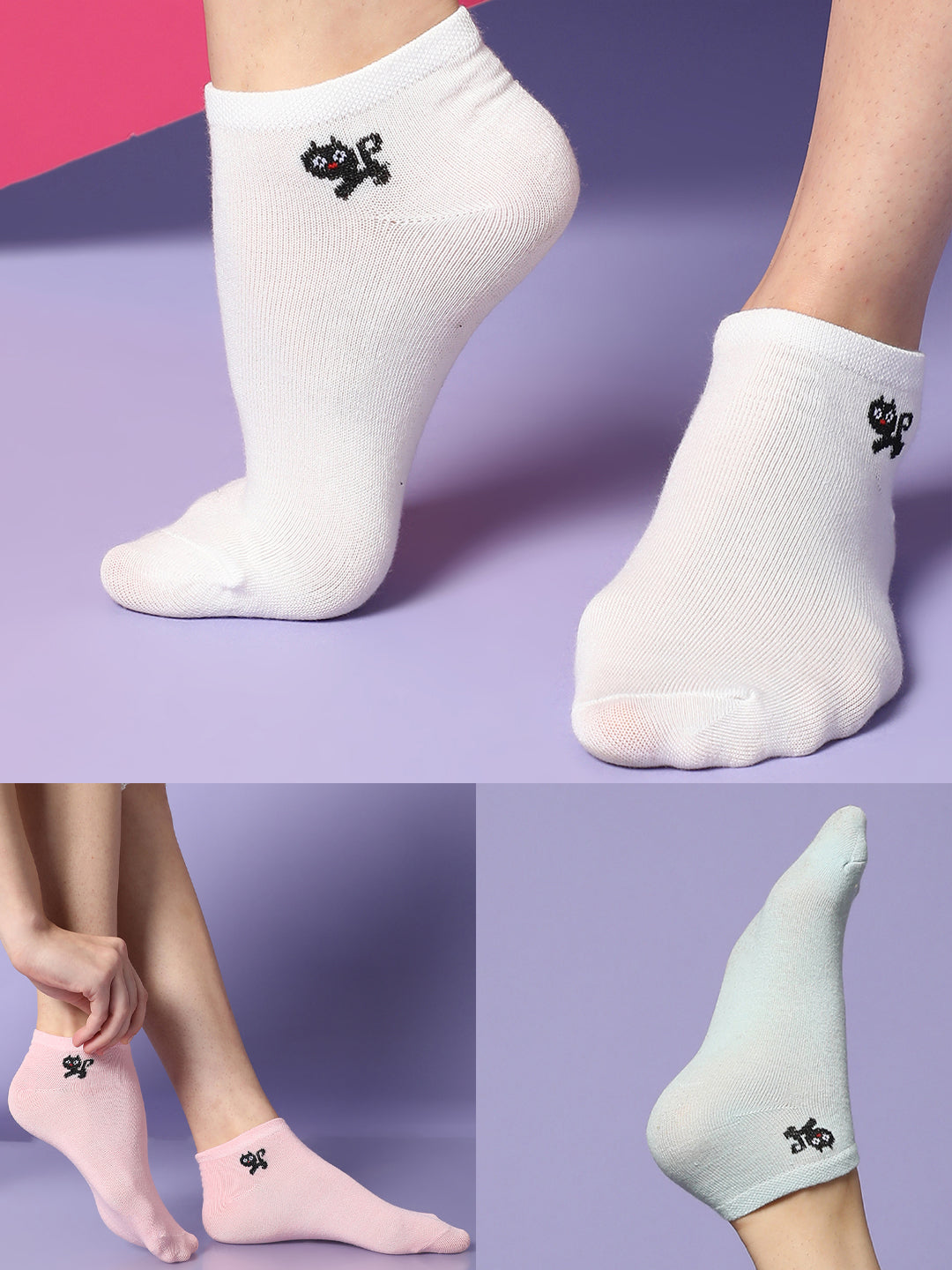Set Of 3 Cute Snkle Length Socks
