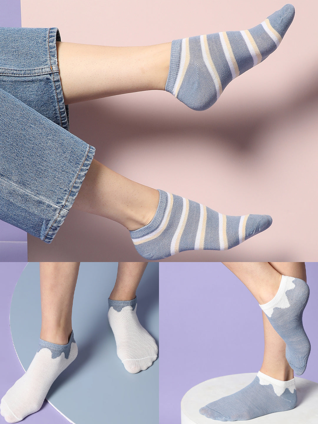 Set Of 3 Blue & White Ankle Length Socks