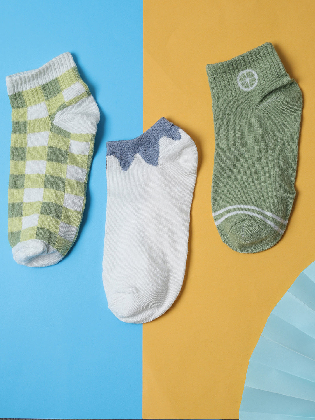 Set Of 3 White & Green Ankle Length Socks