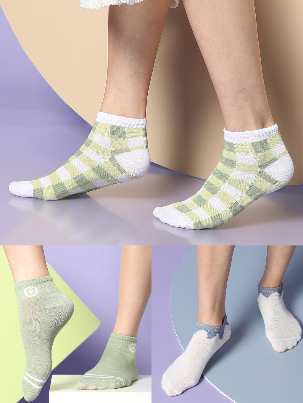 Set Of 3 White & Green Ankle Length Socks