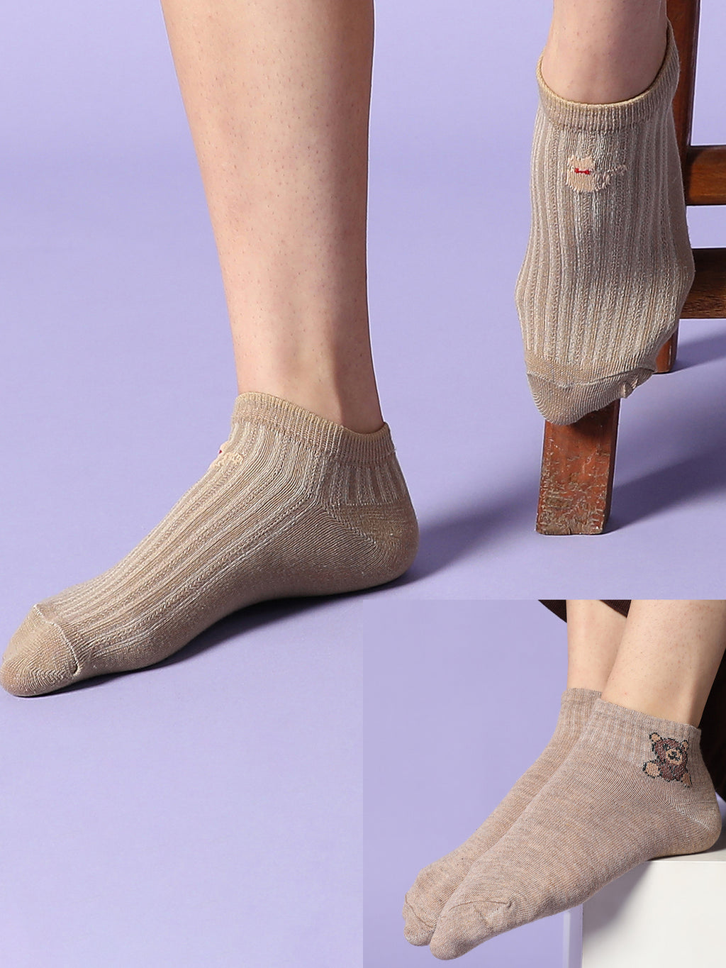 Set Of 2 Beige Ankle Length Socks