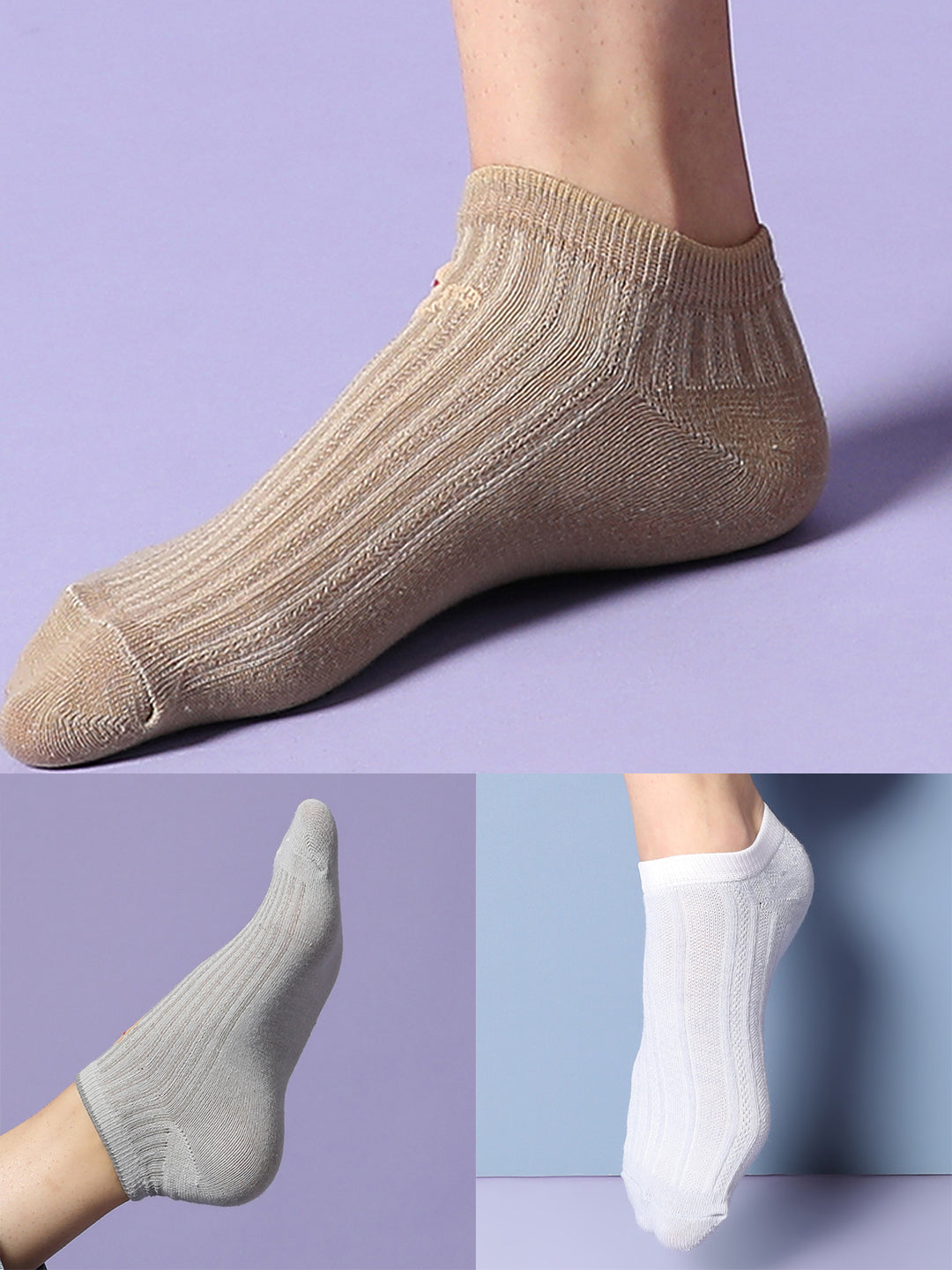 Set Of 3 Nude Ankle Length Socks