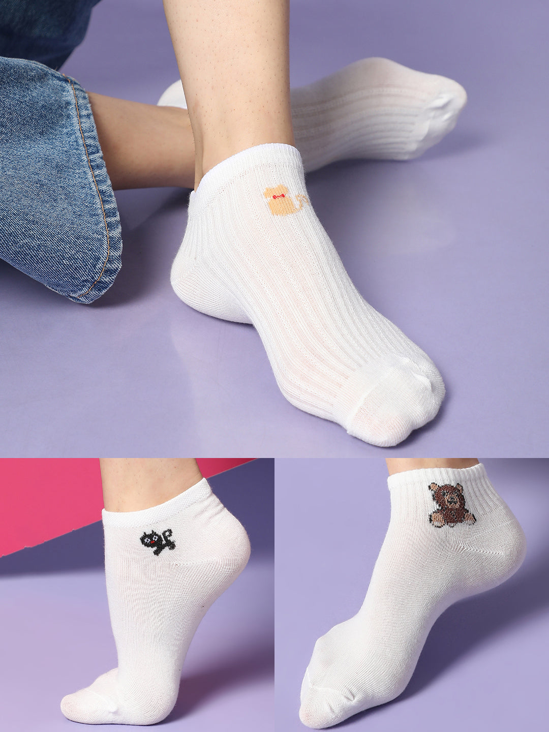 Set Of 3 White Ankle Length Socks