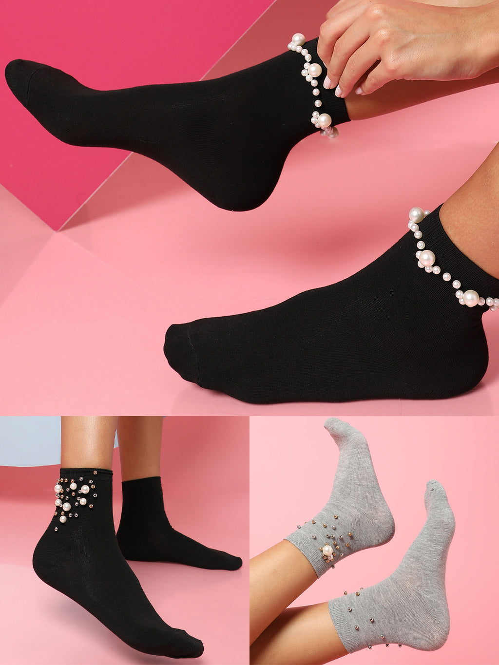 Set Of 3 Embellished Ankle Length Socks