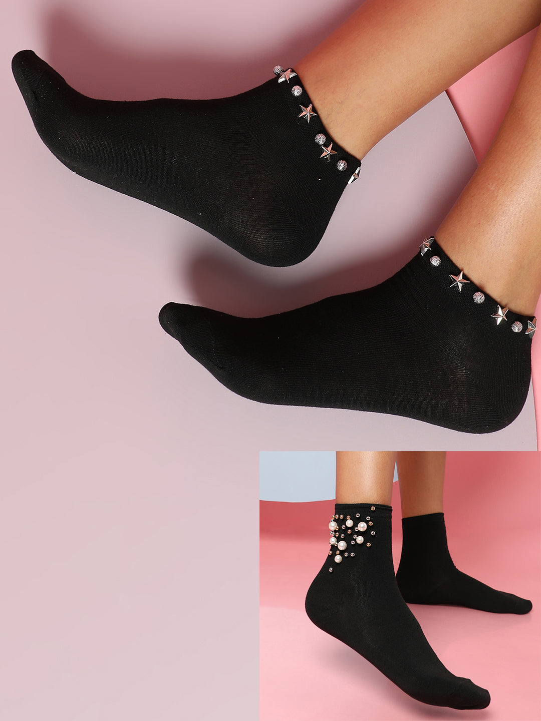 Set Of 2 Embellished Ankle Length Socks