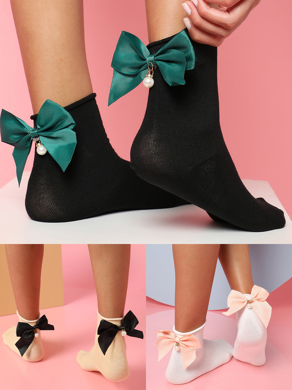 Set Of 3 Bow Ankle Length Socks