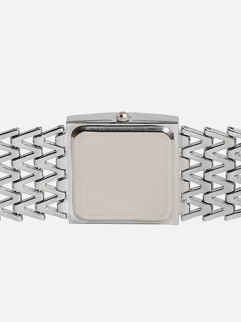 Embellished Silver Square Dial With Silver Metal Strap