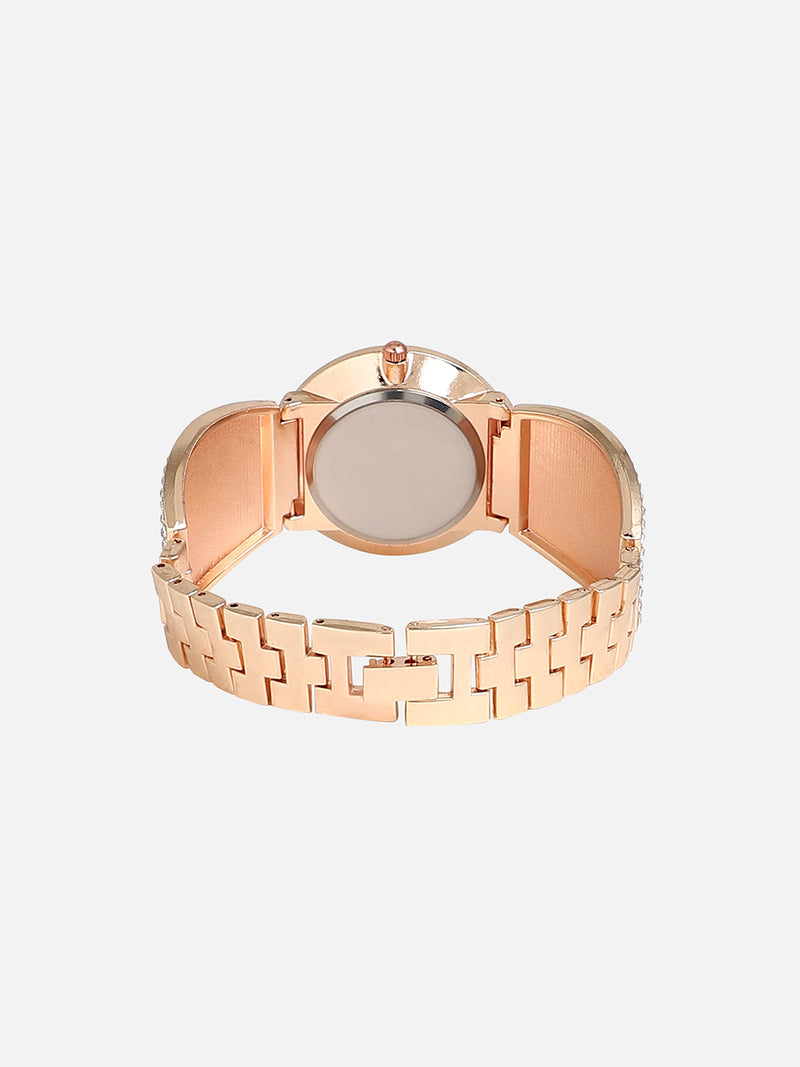 Embellished Rose Gold Round Dial With Rose Gold Metal Strap