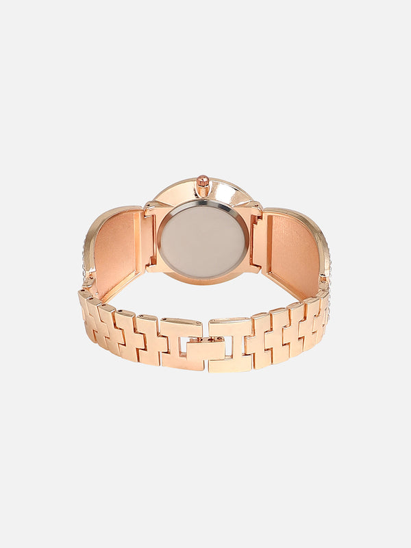Embellished Rose Gold Round Dial With Rose Gold Metal Strap