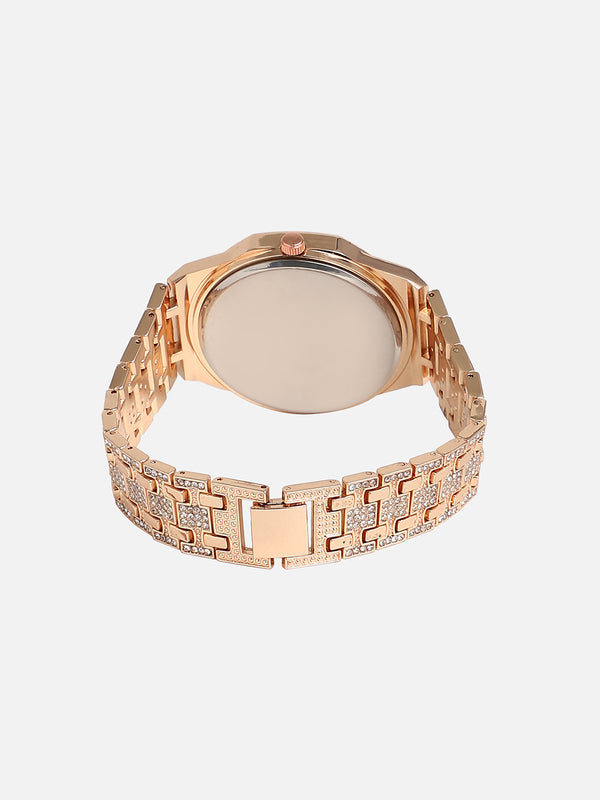 Embellished Rose Gold Round Dial With Rose Gold Metal Strap