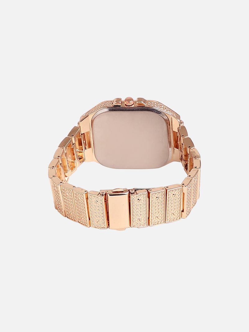 Embellished Rose Gold Square Dial With Rose Gold Metal Strap