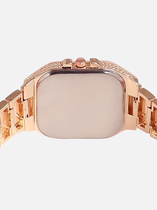 Embellished Rose Gold Square Dial With Rose Gold Metal Strap